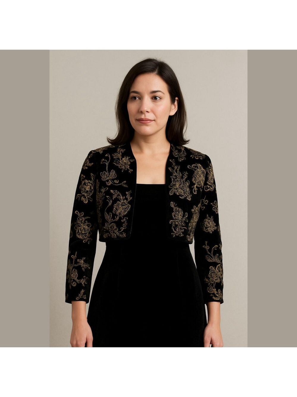 Vintage elegant Black Velvet Bolero Jacket with embroidered Gold Floral design